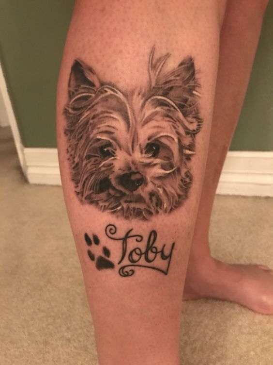 face of a yorkie tattoo on the leg