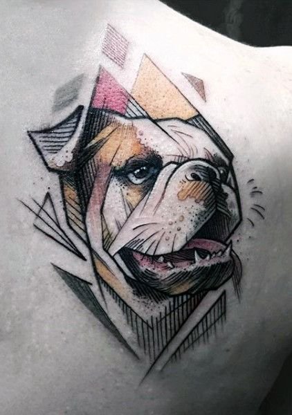 geometric style of an English Bulldog tattoo on back