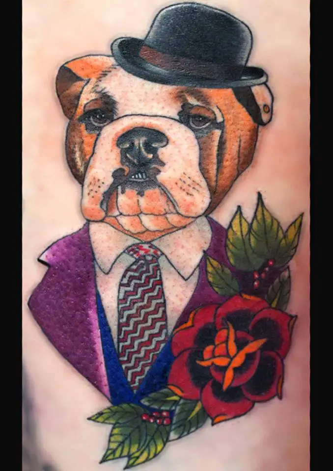 English Bulldog wearing suit and tie, and a black cap artwork tattoo