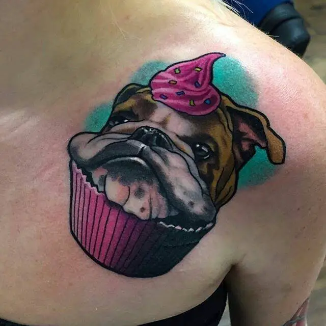 English Bulldog face cupcake tattoo on the chest
