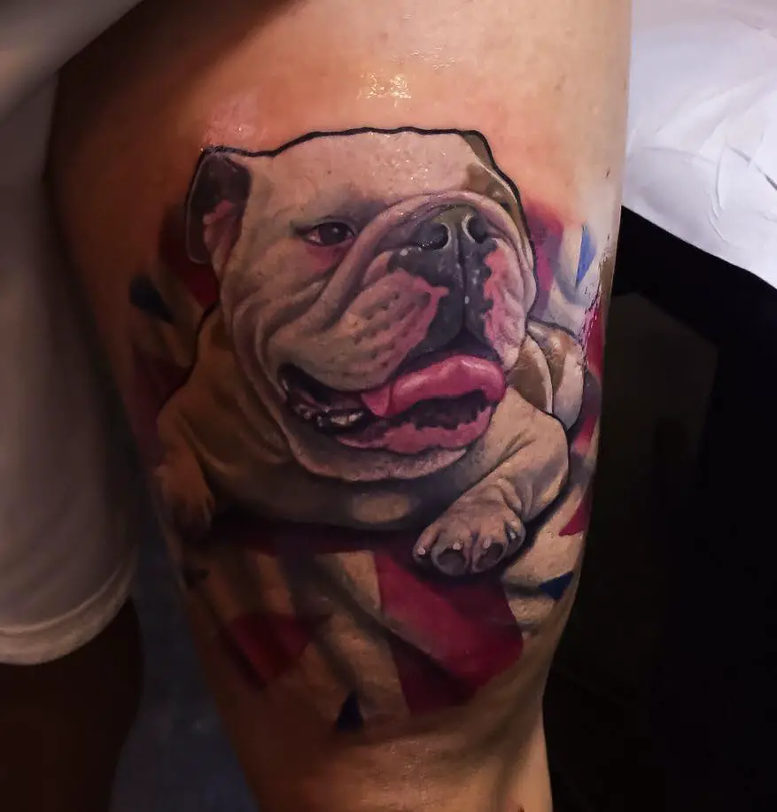 lying down English Bulldog in a USA flag tattoo on the thigh
