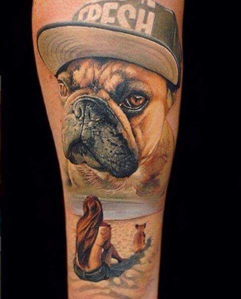 French Bulldog Tattoo wearing a hat and a girl sitting at the beach with a French Bulldog Tattoo