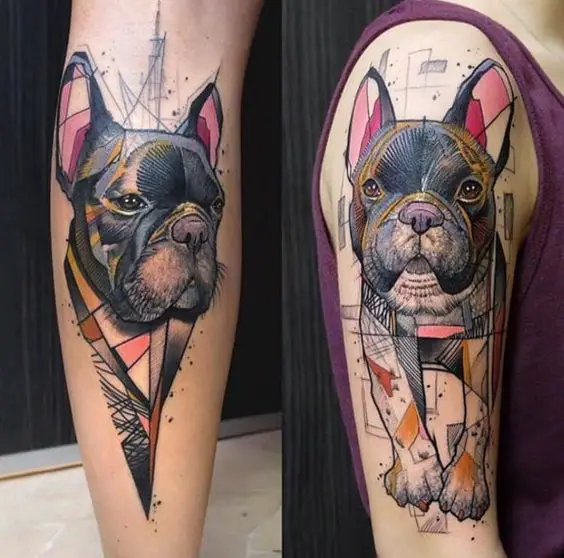 collage photo of geometric French Bulldog Tattoo on the leg and arm