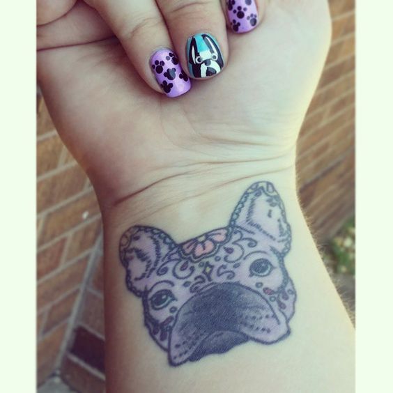 face of French Bulldog in mandala design Tattoo on the wrist