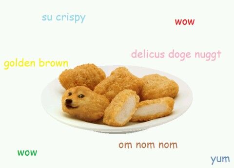 nuggets with the face of Shiba Inu in a plate with thoughts 