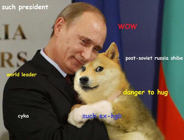 edited photo of a Shiba Inu being hugged by a president with thoughts 