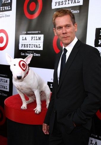 Kevin Bacon with his English Bull Terrier on top of the table