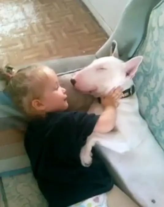 French Bulldog sleeping on the couch with a baby girl