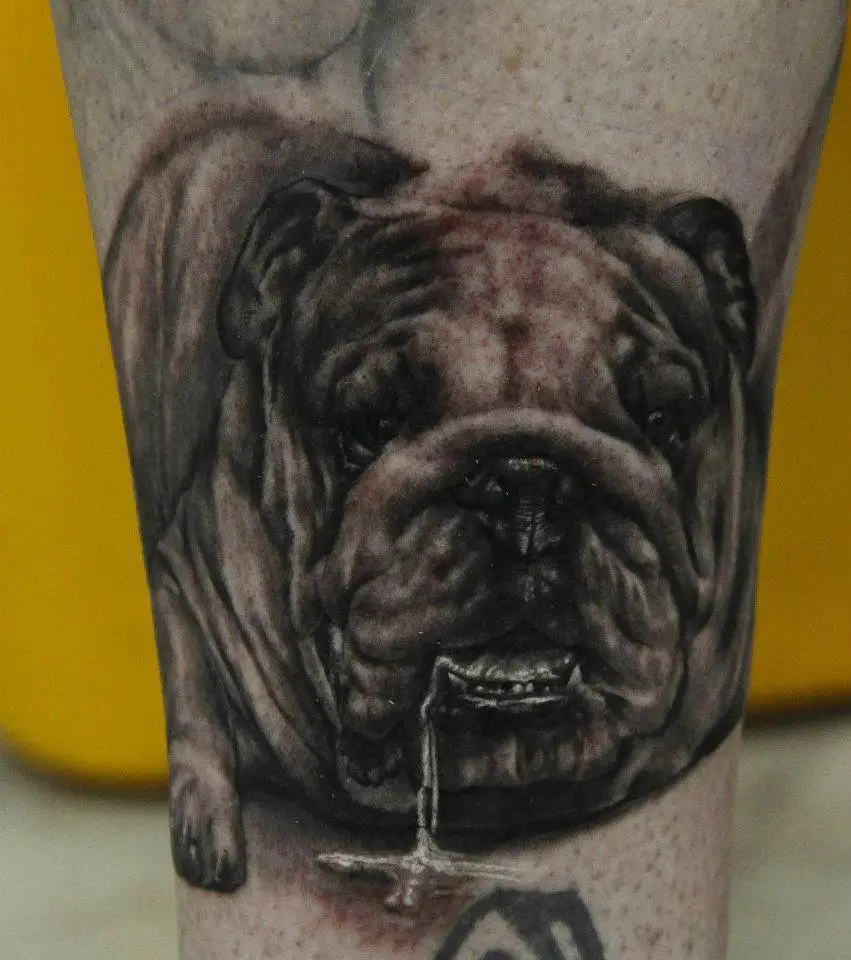 3D face of a drooling English Bulldog tattoo