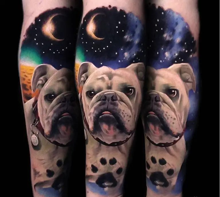 English Bulldog Tattoo in galaxy tattoo on the forearm