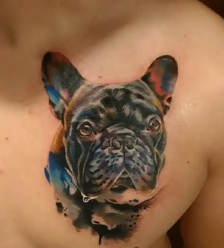 black French Bulldog with splash of watercolors tattoo on the chest