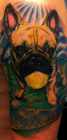French Bulldog Tattoo with ball in its mouth