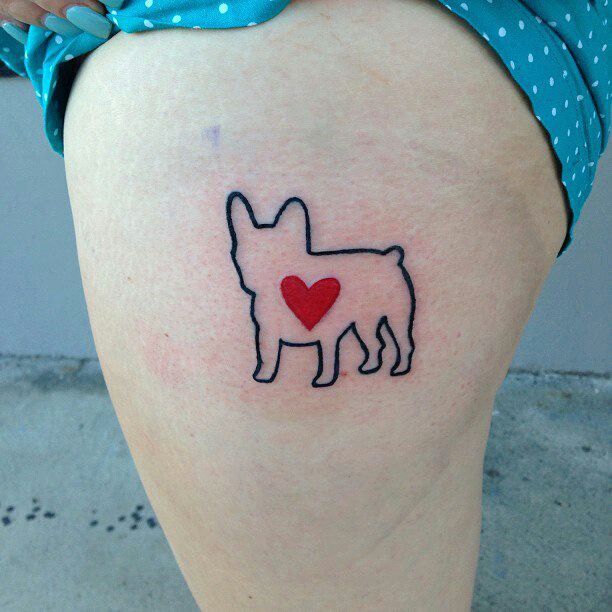 outline of French Bulldog with red heart tattoo on the thighs