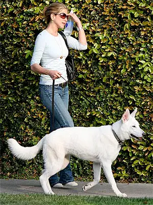 Jennifer Aniston walking with her German Shepherd