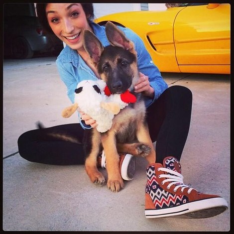 Meryl Davis sitting on the floor with her German Shepherd puppy