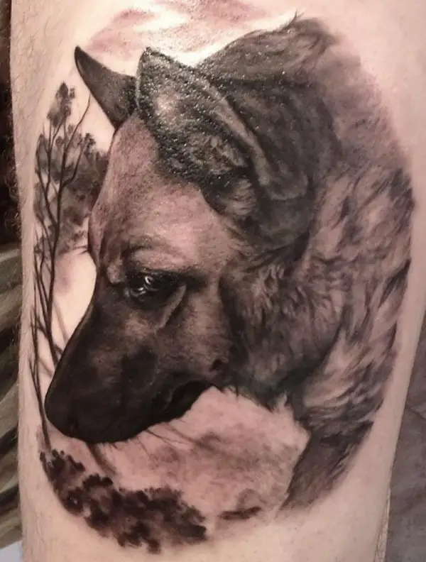 3D sideview face of a German Shepherd Dog Tattoo on the leg