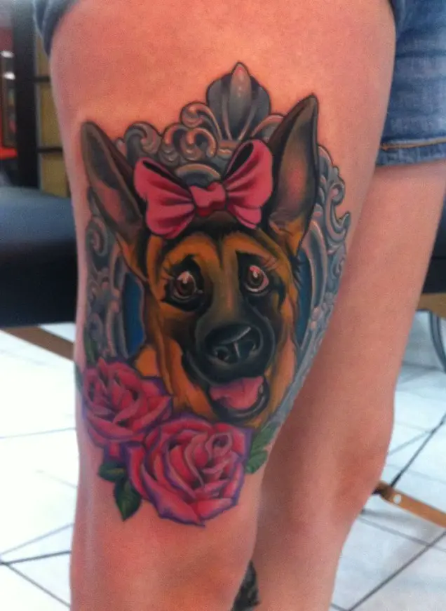animated German Shepherd Dog with rose and in vintage frame Tattoo on the thigh