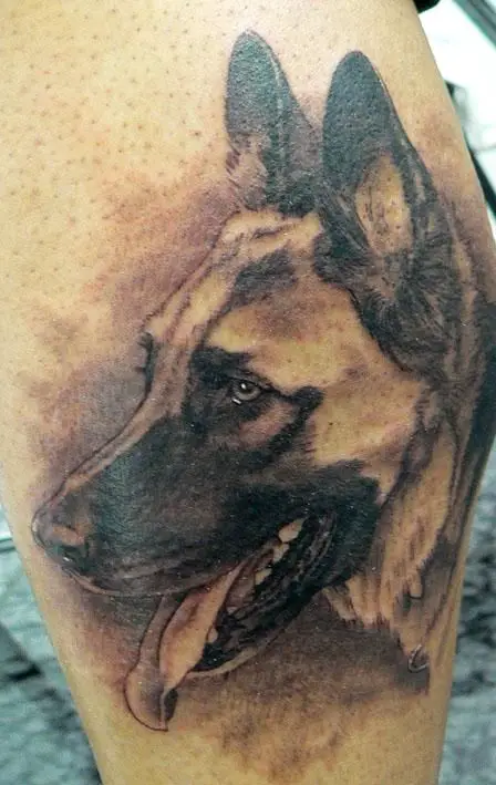 sideview face of a German Shepherd Dog Tattoo on the leg.