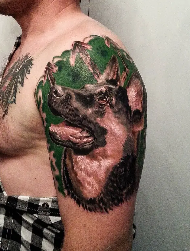 German Shepherd Dog looking up while slightly opening its mouth Tattoo on the arm