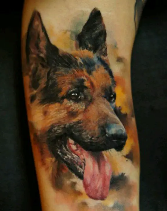 realistic German Shepherd Dog Tattoo with its tongue out tattoo on the leg