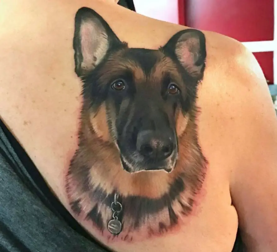 realistic German Shepherd tattoo on the back