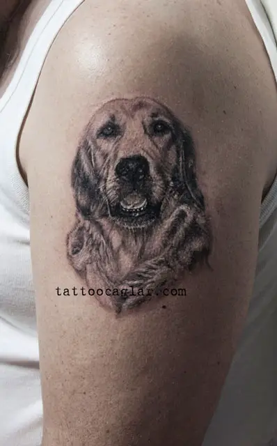 3D Golden Retriever with its mouth open tattoo on the shoulder