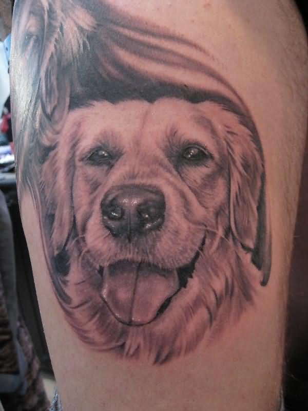 3D smiling face of Golden Retriever Tattoo on the leg