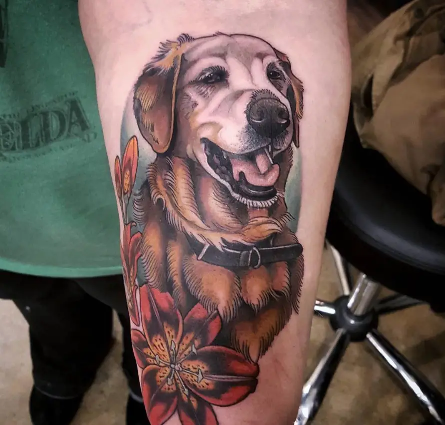 Golden Retriever Dog with flowers tattoo on the forearm