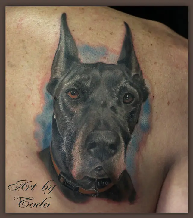 realistic face of a black Great Dane tattoo on the back