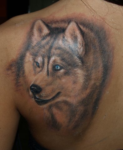 3D sideview face of a Husky tattoo on the back