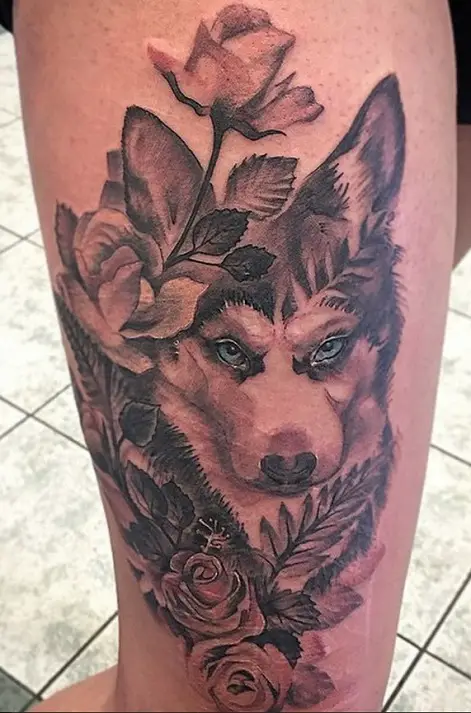 suspicious face of a Husky with green grass, flowers and leaves beside it tattoo on the leg