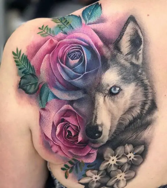 half realistic face of a Husky and Half purple and blue roses tattoo on the back