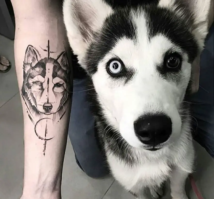 a Husky puppy sitting on the floor with a woman behind him showing its forearm with a tattoo of its face