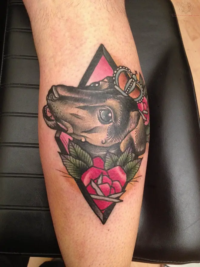 Jack Russell Terrier wearing a crown inside a diamond with flowers tattoo on the leg