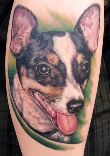 smiling face of a Jack Russell Terrier Tattoo on the leg