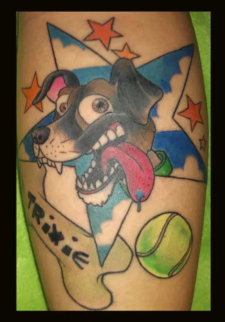 animated face of a Jack Russell Terrier tattoo on the leg