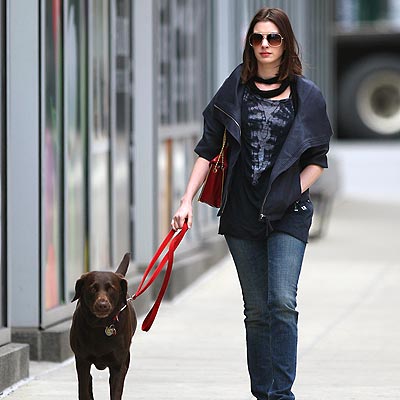 Anne Hathaway walking in the street with her Labrador Retriever named Esmerelda