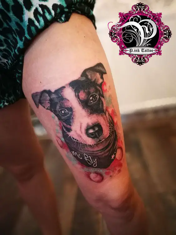 face of a Jack Russell Terrier Tattoo on the thigh