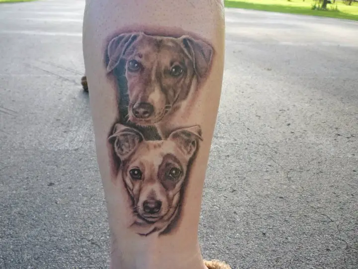 two faces of Jack Russell Terriers Tattoo on the leg