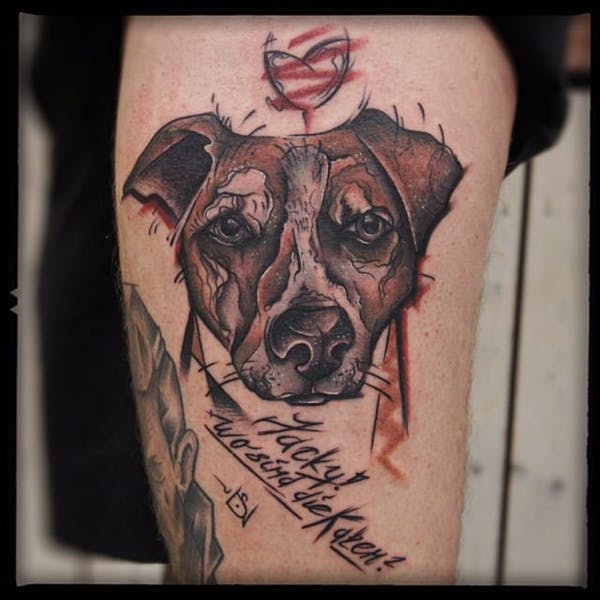 sketch style furious face of Jack Russell Terrier Tattoo on the thigh