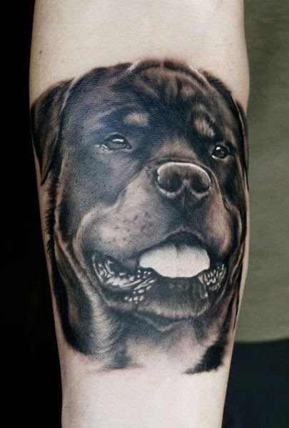 3D face of black Rottweiler Tattoo on the forearm