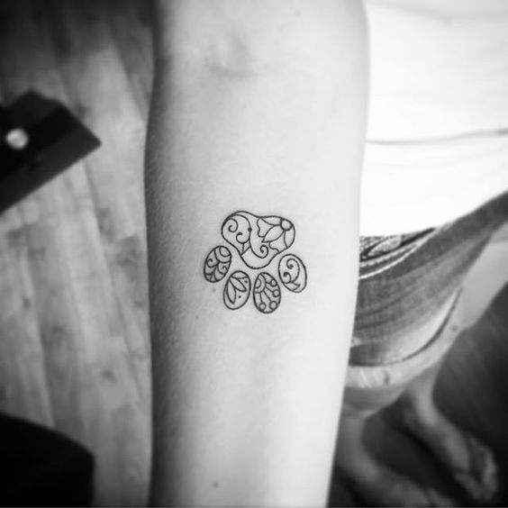 outline of a paw print with mandala design tattoo on the forearm of the woman
