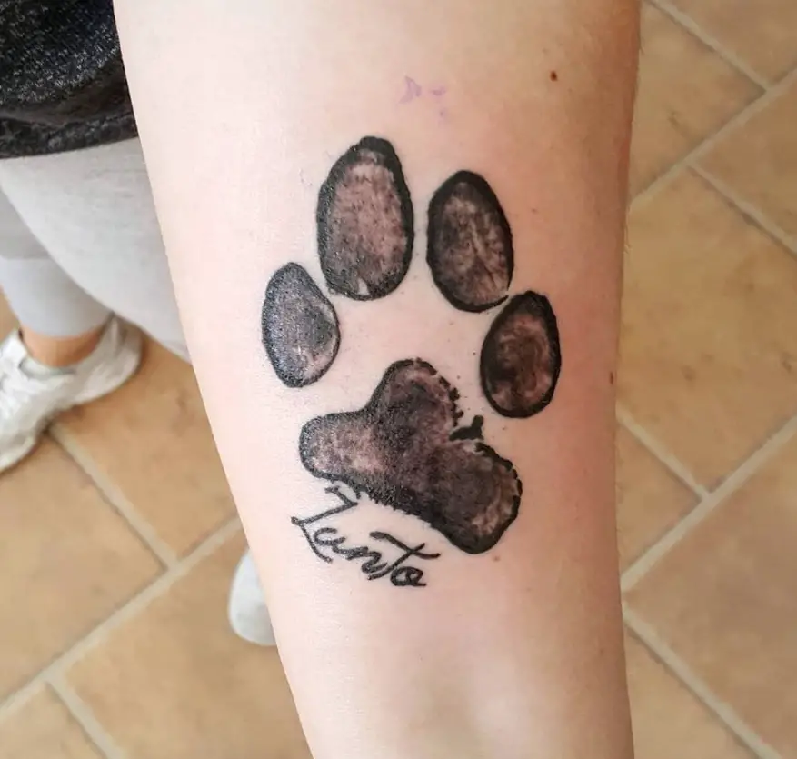 medium sized paw print with name tattoo on the wrist