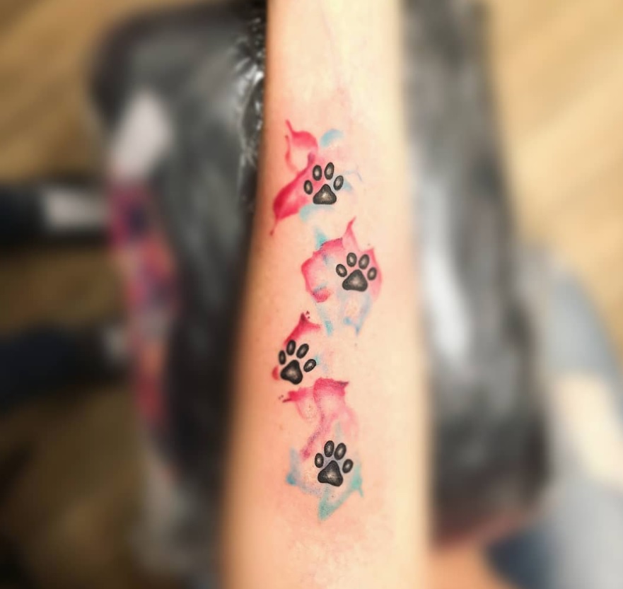 four small paw print tattoo on the forearm
