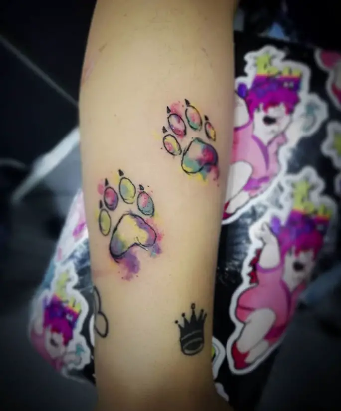 small paw print outlines with yellow, pink, and green colors tattoo on the forearm