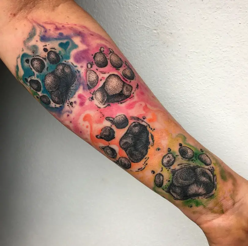 four large paw print tattoos with purple, blue, orange and green colors tattoo on the forearm