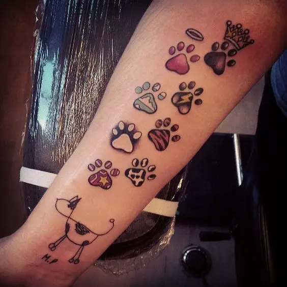 seven paw prints in different styles and colors with a drawing of the cat tattoo on the forearm