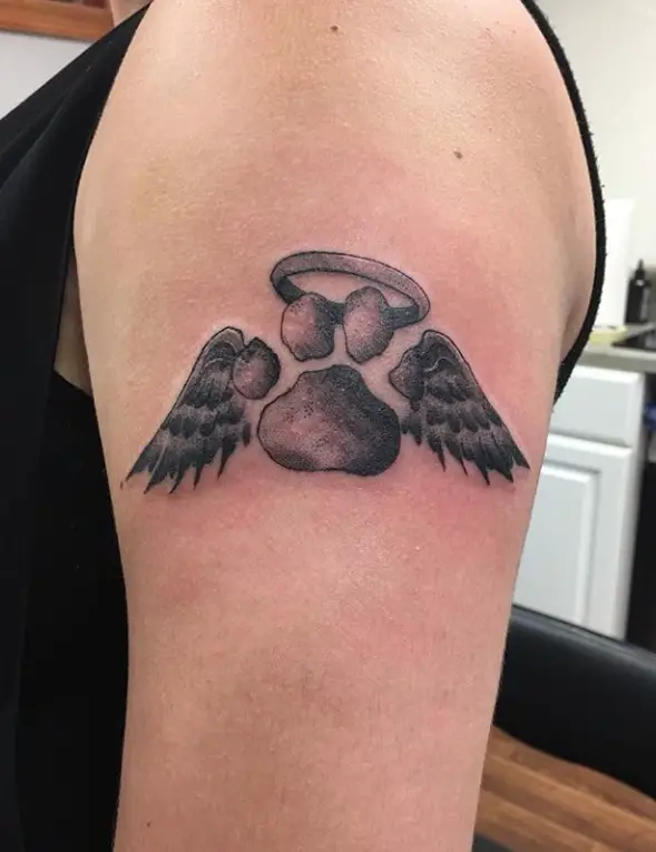 A 3D paw print with angel wings and halo tattoo on the shoulder