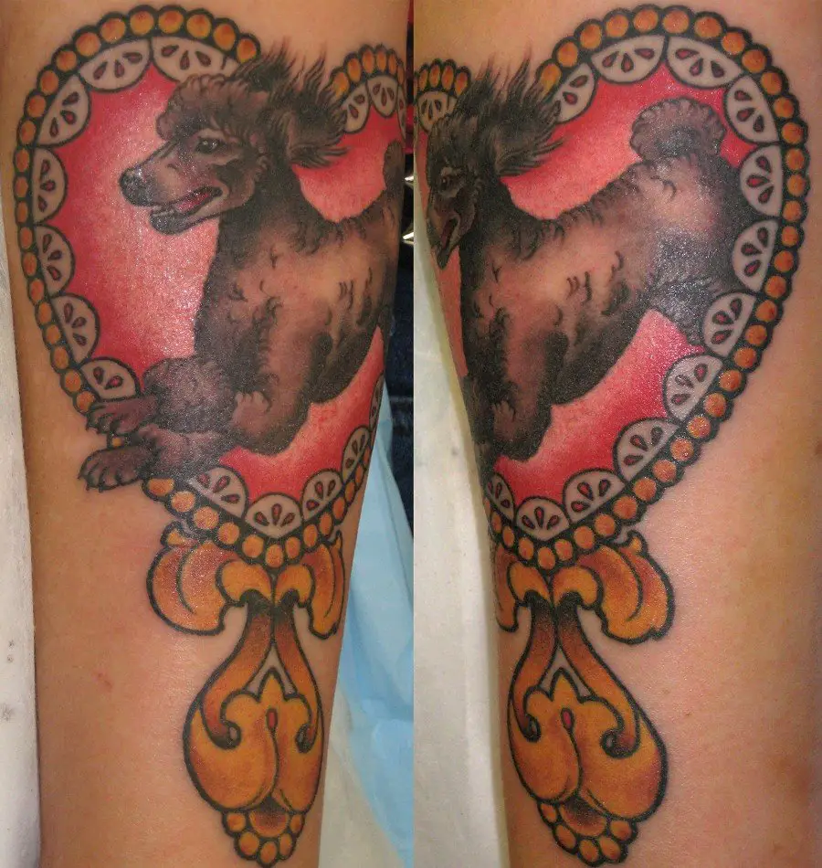 A brown Poodle Dog Tattoo jumping inside a heart shape frame tattoo