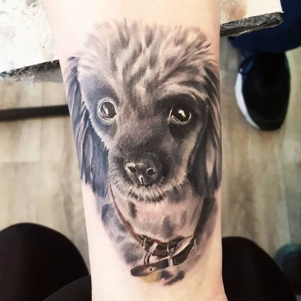 A black and gray adorable face of a poodle puppy tattoo